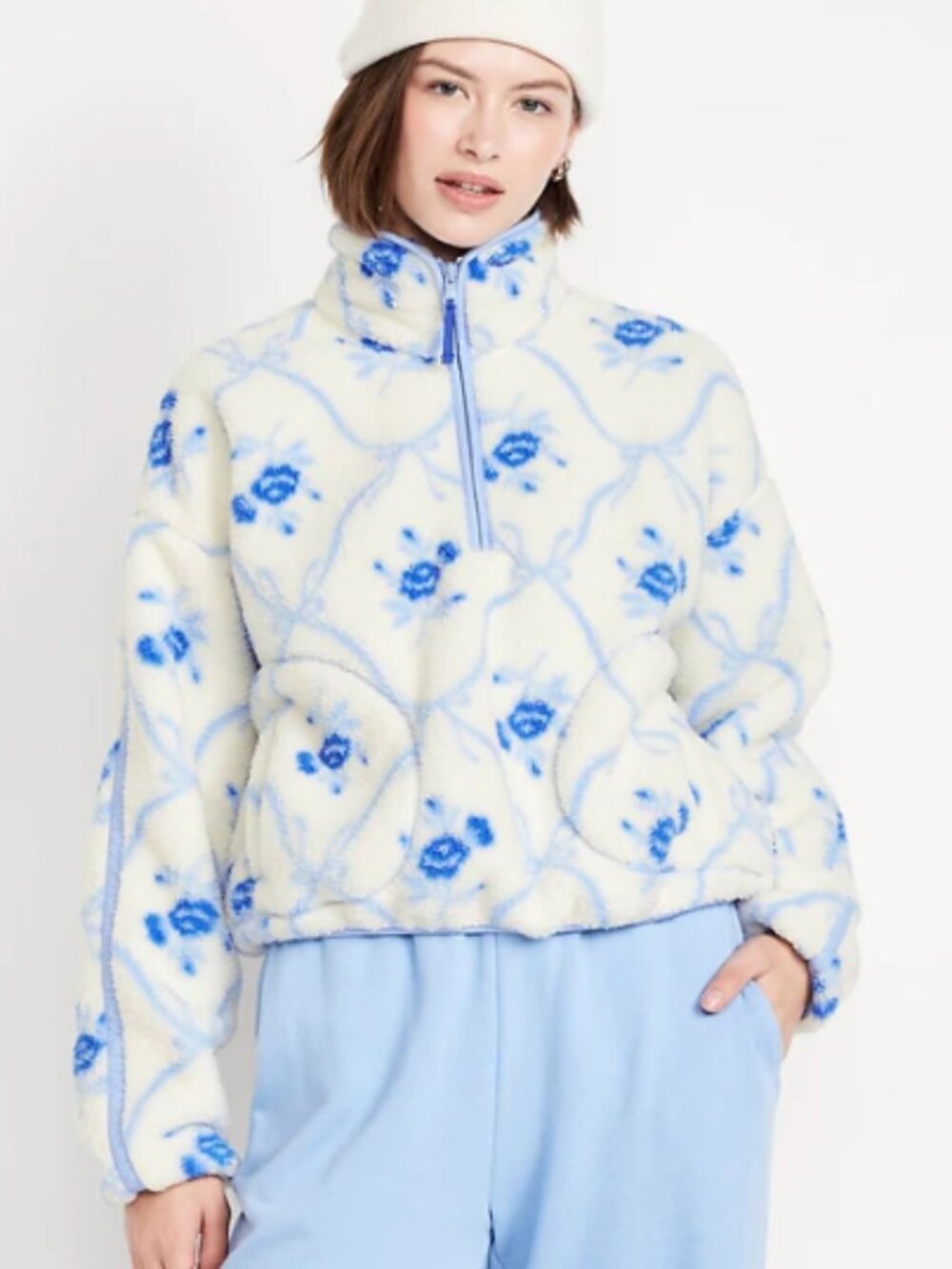 Old Navy Women’s Sz Medium Sherpa Quarter Zip Sweatshirt White Blue Floral Print